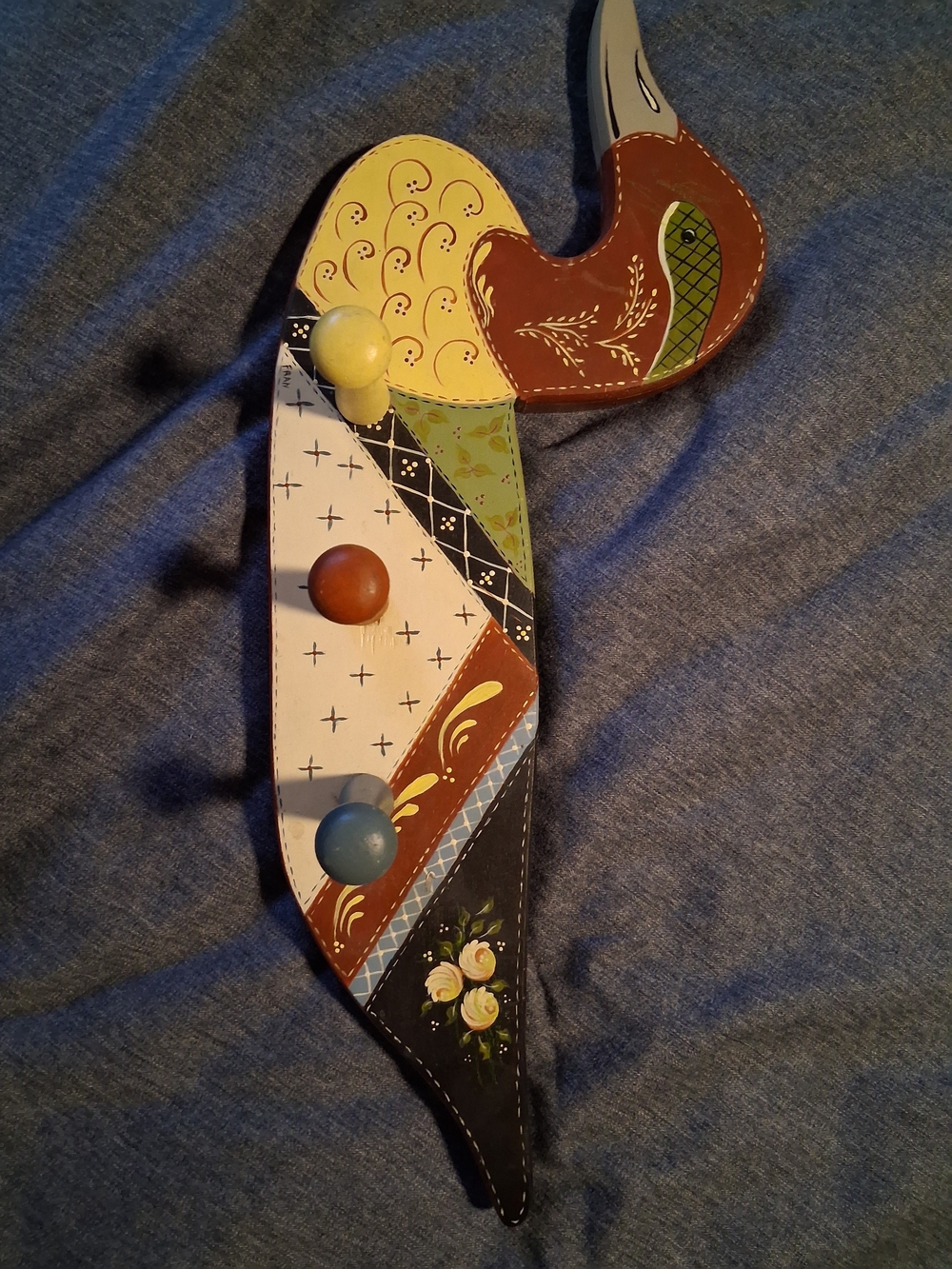 Hand-Painted Wooden Wall Hook in Yellow, Brown and Blue